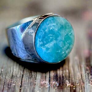 Custom made Carved Moon Face Amazonite .925 Ring 7.25